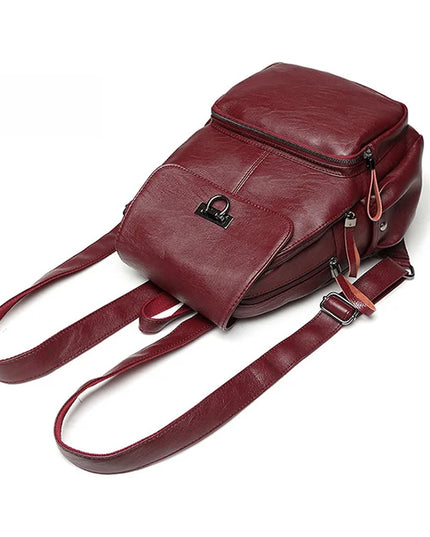 Weinroter Schafsleder Rucksack für Damen – Koreanischer Stil