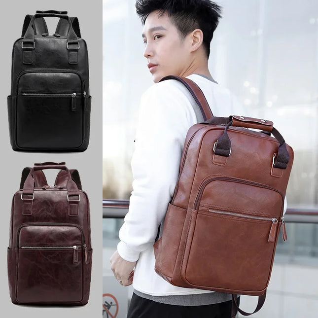 Schwarzer Lederrucksack für Herren | Laptop 15.6 Zoll