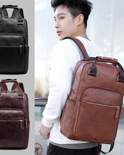 Schwarzer PU-Leder Rucksack für Arbeit & Schule | 15.6" Laptopfach