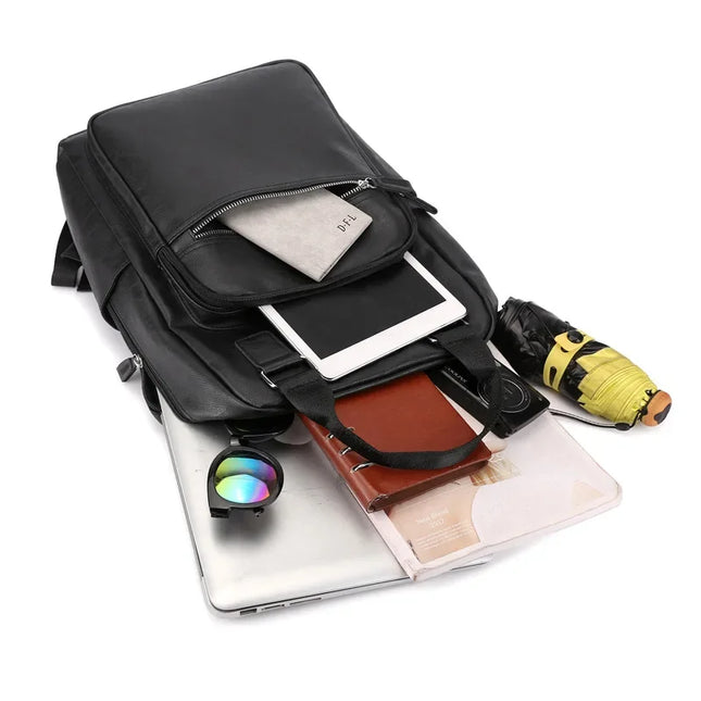 Schwarzer Leder Rucksack für Laptop 15.6 Zoll & Alltag