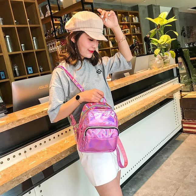 Glänzender Laser Lederrucksack Silber für Schule & Freizeit