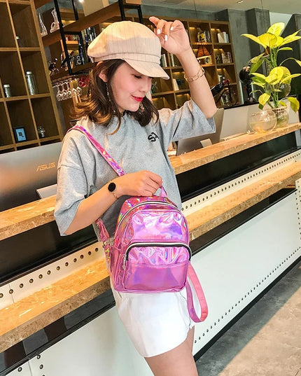 Holografischer Lederrucksack Silber – Preppy Style für Damen