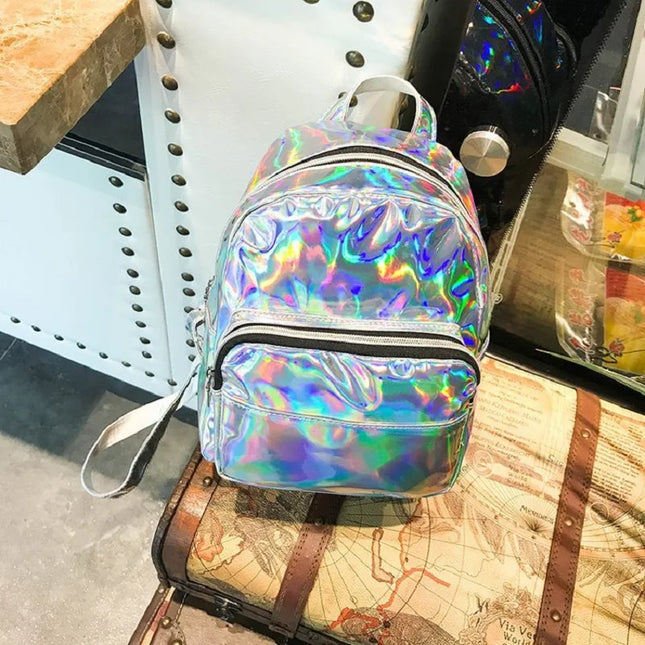 Glänzender Laser Lederrucksack Silber für Schule & Freizeit