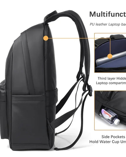 Schwarzer Lederrucksack für Herren & Teenager mit Laptopfach 15.6 Zoll