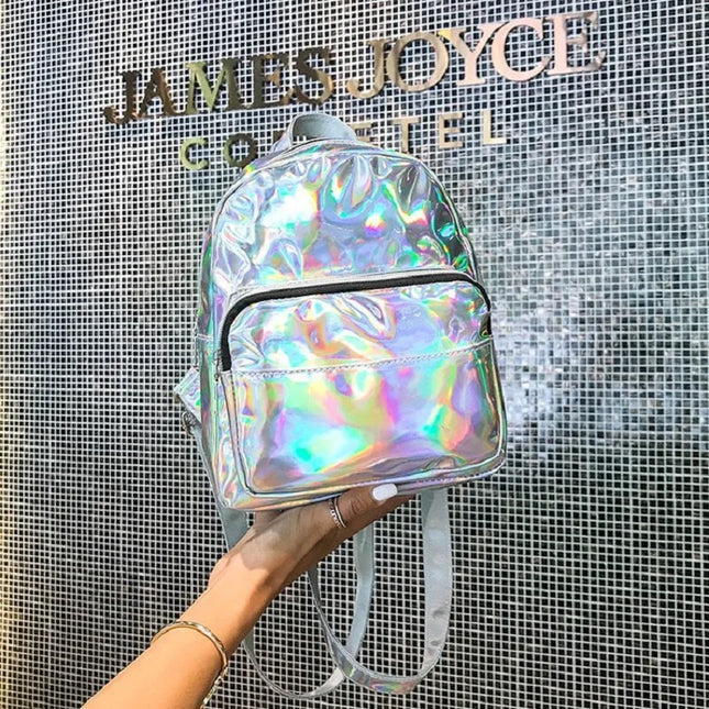 Holografischer Lederrucksack Silber – Preppy Style für Damen