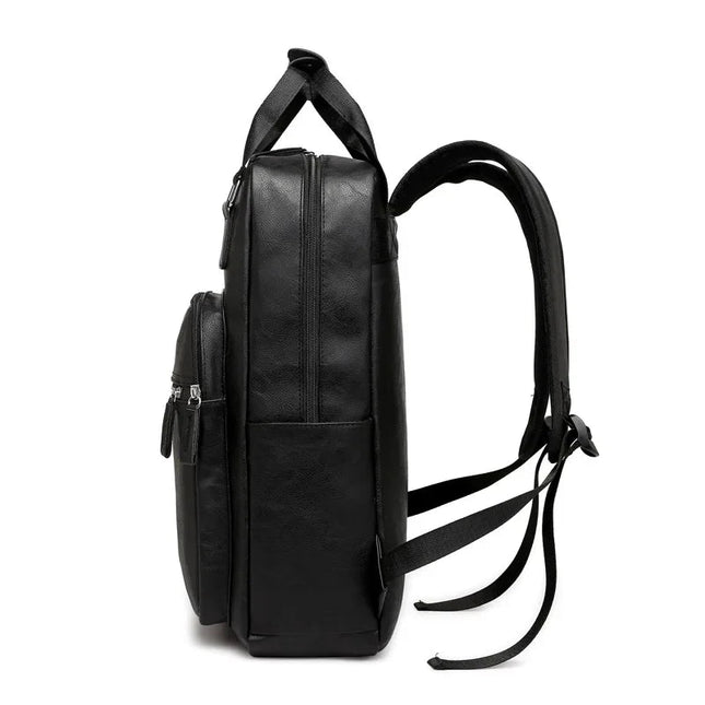 Schwarzer PU Leder Rucksack – Wasserfest für 15.6 Zoll Laptop