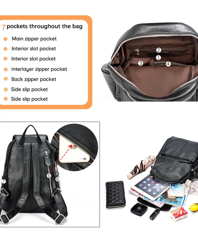Stylischer Damen Lederrucksack Schwarz-Weiß mit Diebstahlschutz